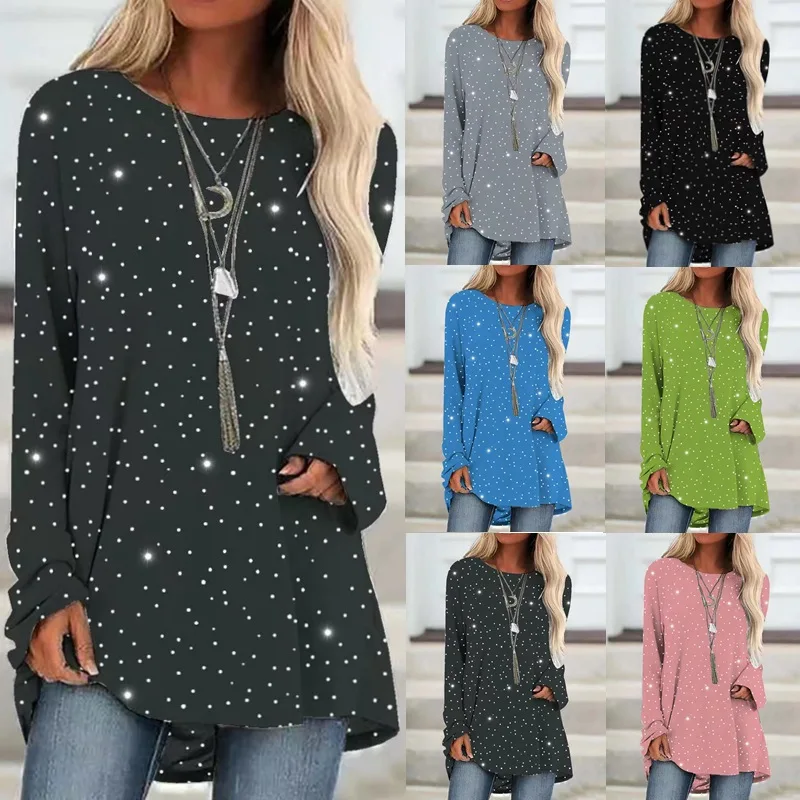 

Autumn Raglan Sleeve Knit Top New Casual Sequined T-shirt Top Fashion Loose Plus Size Ladies Round Neck Long Sleeve Top