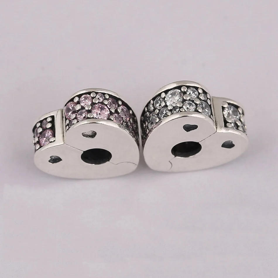 

S925 Серебряные Бусины с заглушкой, очаровательные сверкающие розовые дуги любви, зажим, прозрачный CZ для женщин, браслет, браслет, ювелирные ...