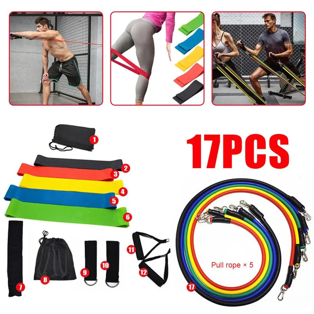 

17Pcs/Set Latex Resistance Bands Set Yoga Exercise Fitness Band Rubber Loop Tube Bands Gym Door Anchor Ankle Straps With Bag Kit