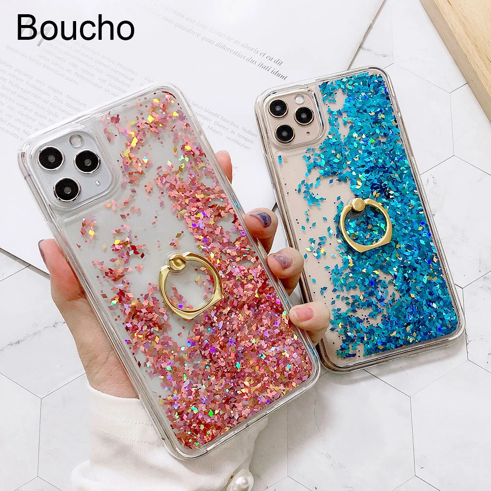 glitter phone case for iphone se 11 pro max xs max x xr 6s 6 7 8 plus liquid quicksand case with finger ring cover bling sequins free global shipping