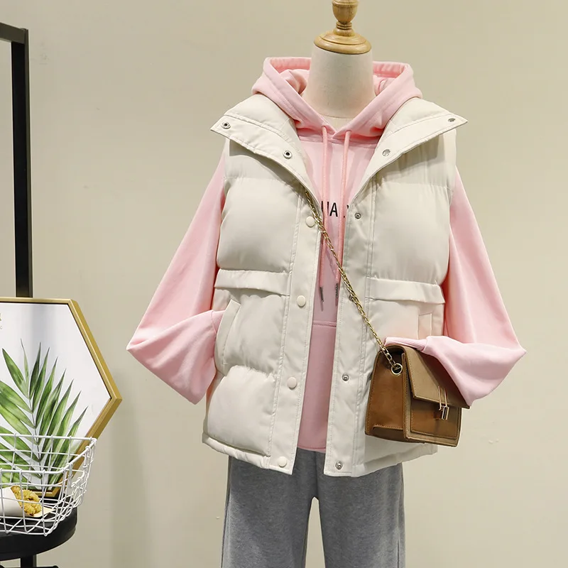 

Autumn Winter Women Solid Loose Vest Stand Collar Short Vest Jacket Cotton Padded Female Windproof Warm Waistcoat