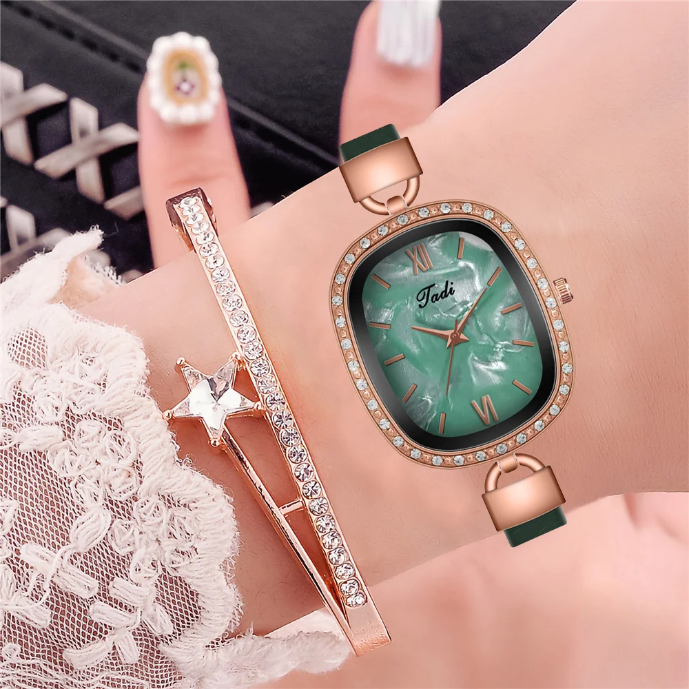 【Watch+Bracelet】Women Oval Pearl Shell Dial Watches Fashion Ladies Leather Rhinestone Quartz Roma Watch Reloj Mujer | Наручные часы