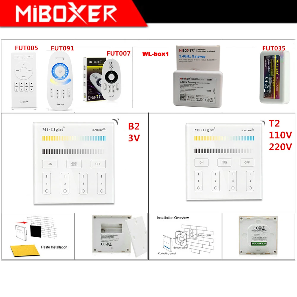 

Miboxer FUT035 led strip Light Controller B2/T2 2.4G 4-Zone Brightness Smart Panel Remote WL-Box1 2.4GHz Gateway