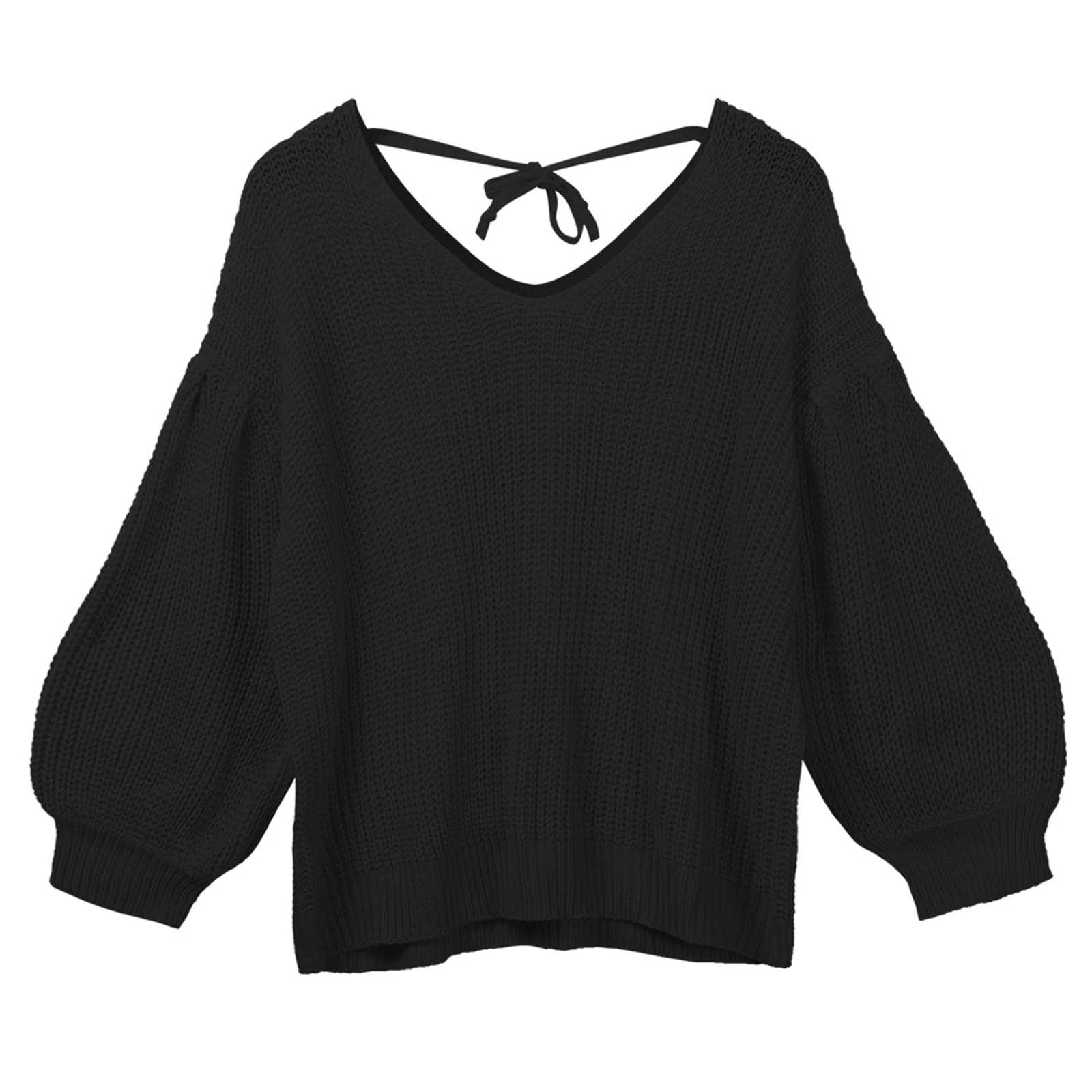 

Women Lantern Sleeve V-neck Top Backless Solid Color Top Fashion Knitwear for Ladies