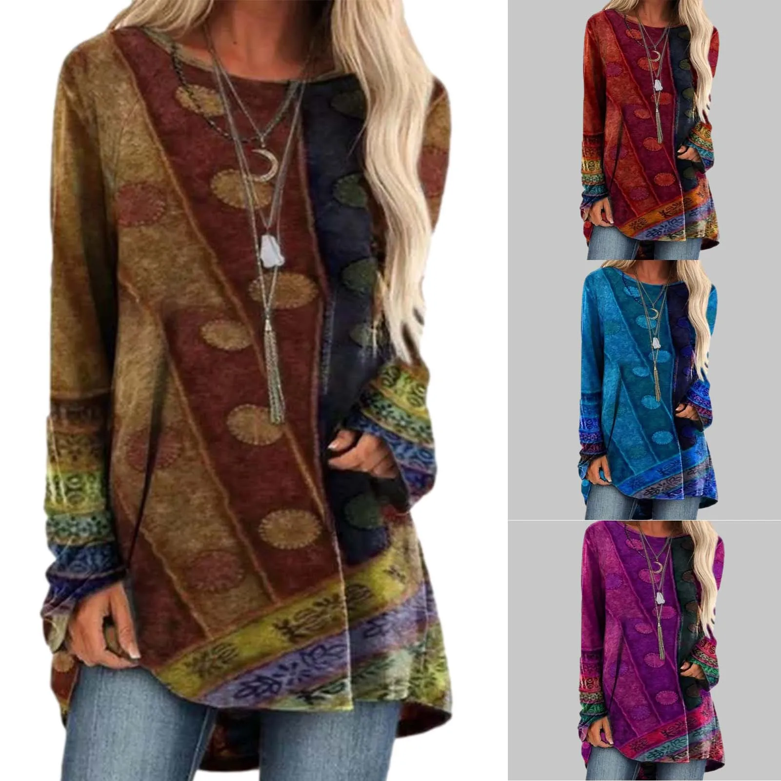 

Basic Retro Print Loose Fit Round Neck Long Sleeve Women Tshirt Casual Fashion Crop Top Fashion Korean Tee Shirt