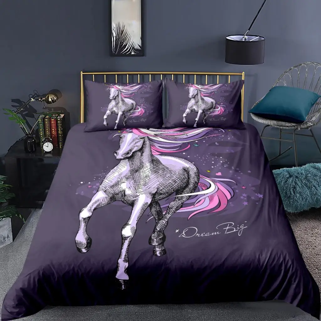 

2/3 Pcs 3D Luxus Bettwäsche Set Mädchen Einhorn Druck Bettbezug König Größe Running Horse Muster Quilt Abdeckung mit Kissenbezug