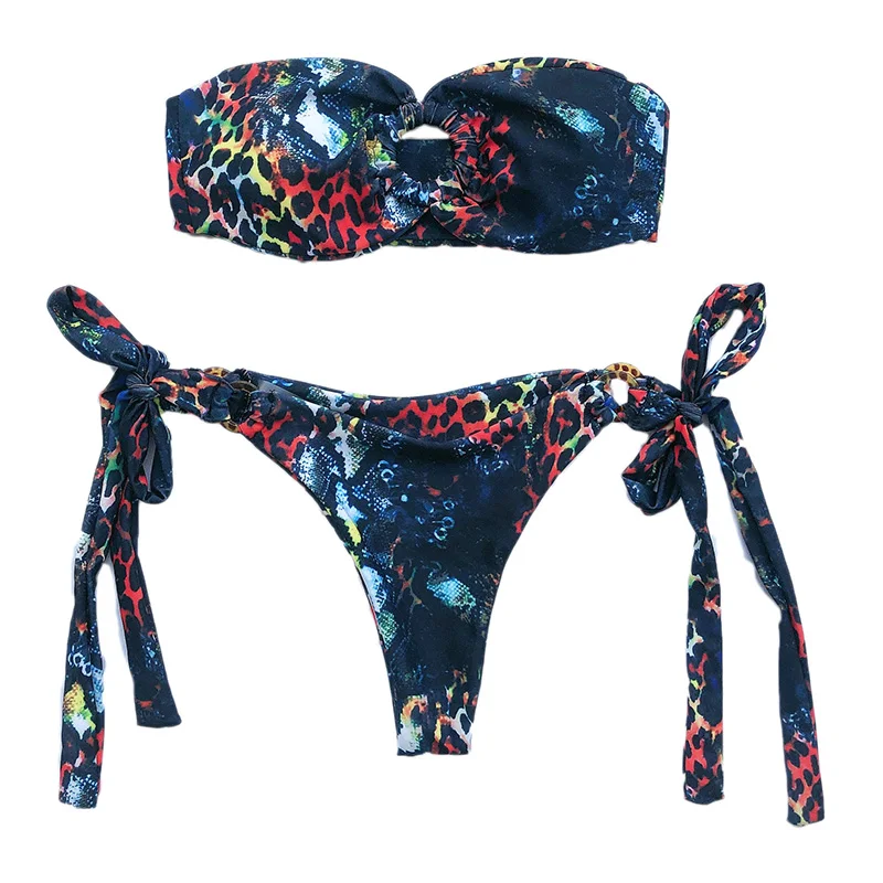 COOBBU Bandeau Bikini Leopard Swimsuit Women Swimming Suit Ring Swimwear Female Micro Knot Bathing Sexy Two Pieces Set | Женская одежда