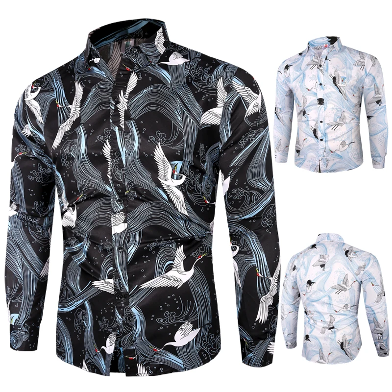 

Red-crowned Cranes Print Mens Shirts All Season Men Clothes Regular Fit Long Sleeve Shirt Men Casual Streetwear Mens Shirts