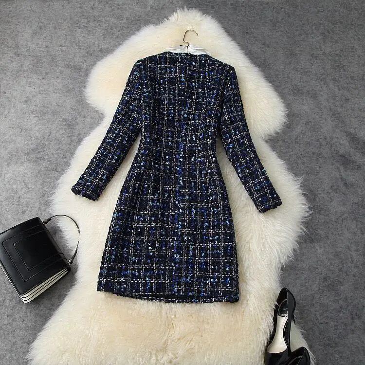 

Women's Fashion Runway Bowknot Plaid Vintage Tweed Woolen Dress Autumn Winter Designers Clothes Casual Office Short Vestidos