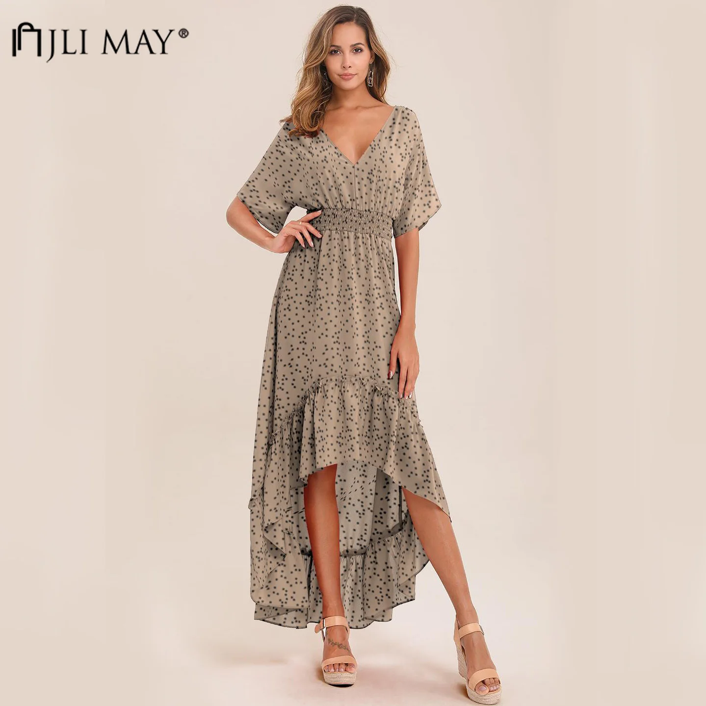 JLI MAY сексуальные длинные платья с принтом летние женские асимметричные v