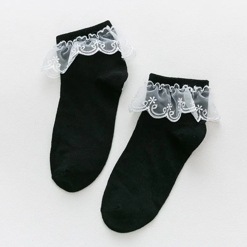 black and white lace Модные женские Кружевные Гофрированные короткие носки с оборками для девочек Harajuku милые винтажные Ретро цветочные женские белые носки принцессы для свадебных танцев - Цвет: black and white lace