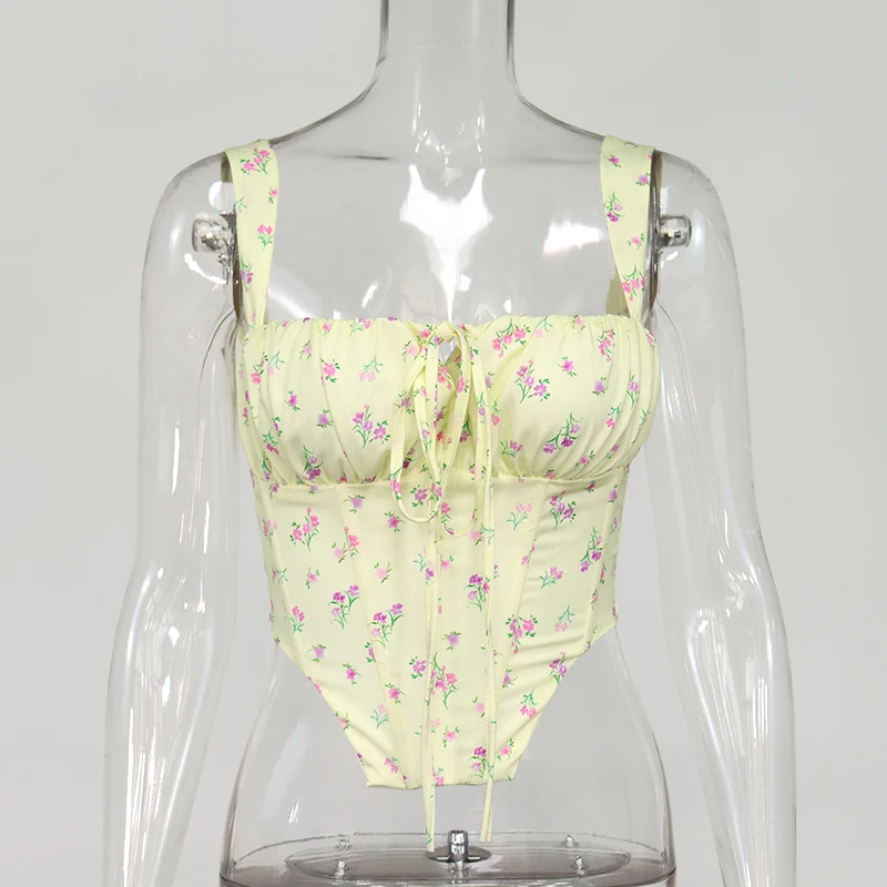 

Summer Top Women Floral Corset Sweet Print Crop Top Hollow Up Tie Up Sexy Sleeveless Top Ladies Ruched Boning Bustier Tank Top