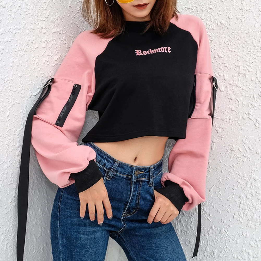 

Letter Print y2k Sweatshirt Women Contrast Patchwork Hoodie Hoddies Long Sleeve Pullover Crop Tops Autumn Ribbon Short Jumper