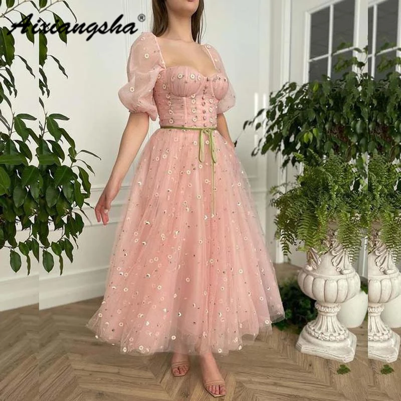 

Aixiangsha Little Daisy Evening Dresses Square Neck Puffy Short Sleeve Green Bow Belt Graduation Gowns French Style Illusion