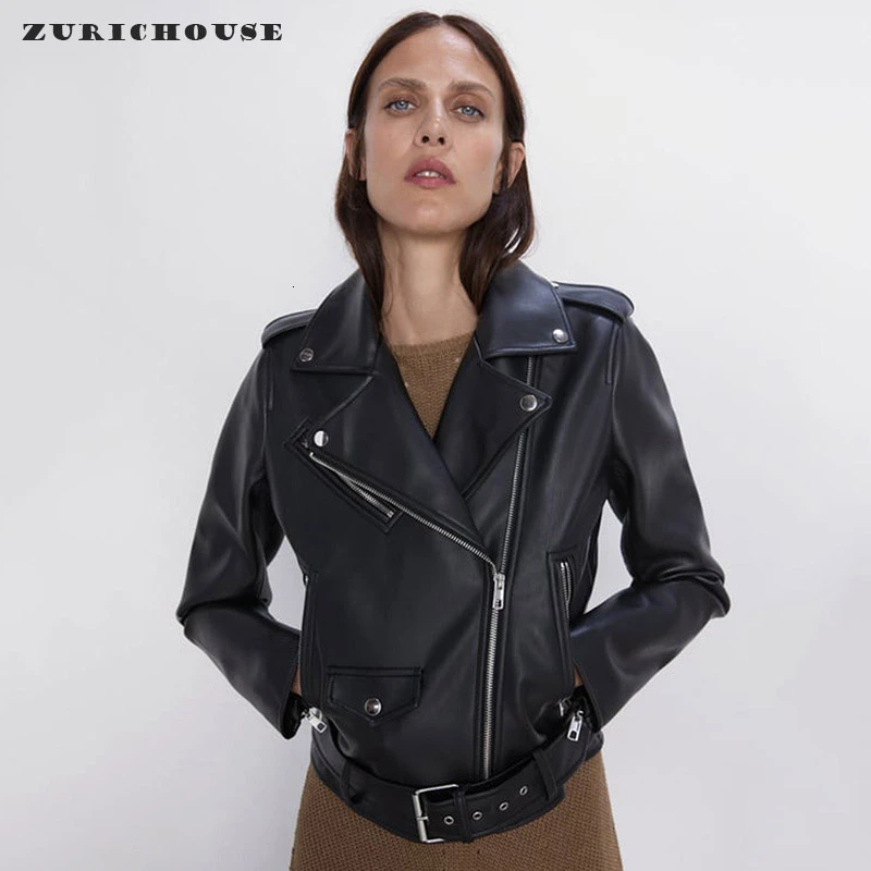 Enlarge Retro Faux Leather Jackets Women Slim Short Moto Outerwear With Belt 2023 Spring Autumn Zipper Biker Coats Female Veste Femme