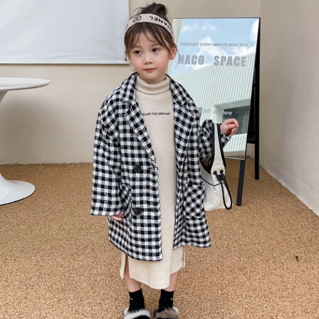 

Long-Length Kids Houndstooth Wollen Coat For Boys Autumn Winter Jacket And Coats Girls Thicken Overcoat Child Outerwear