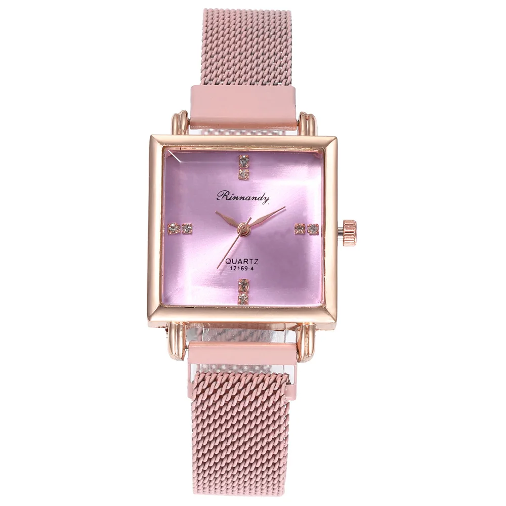 Квадратные благородные роскошные женские часы розовый набор с золотым браслетом