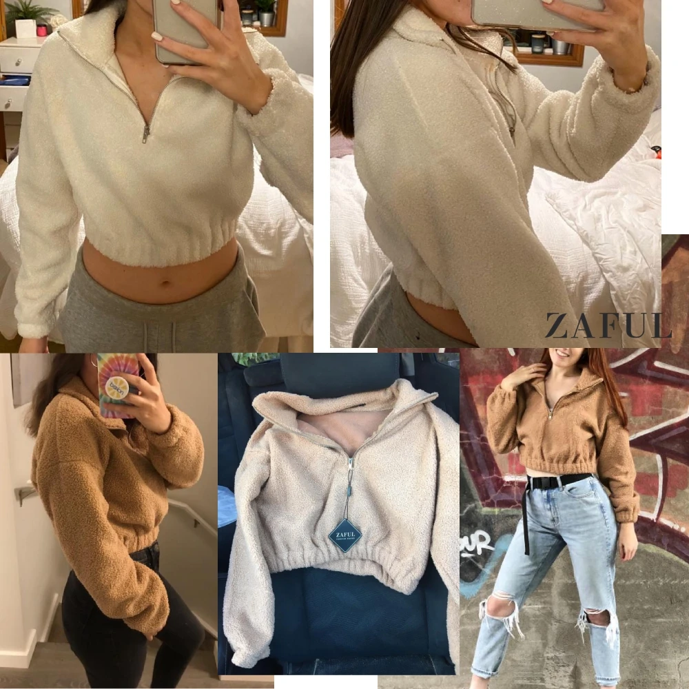 

ZAFUL Long Sleeve Hoodie Women Faux Fur Sweatshirt Autumn Winter Casual Pullover Plush Zipper Fluffly Short Ladies Cropped Tops