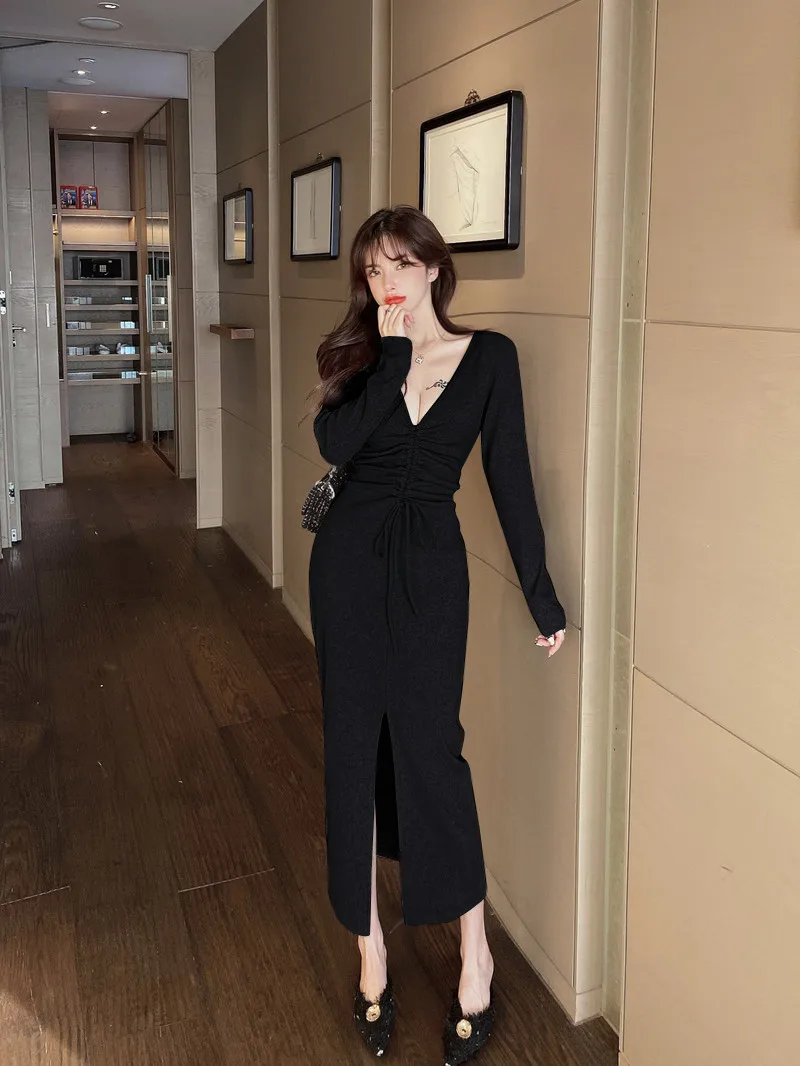 

Spring Korean Full Sleeve Knitted Women's Long Dress Drawstring Chic Clothes Sexy Slit Wrap Dresses Ladies