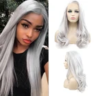 Серебристый синтетический парик на сетке спереди, белый, серый, серый, Кудрявые, волнистые, фронтальные, для косплея, безклеевые, прозрачные, на сетке, предварительно выщипанные парики W