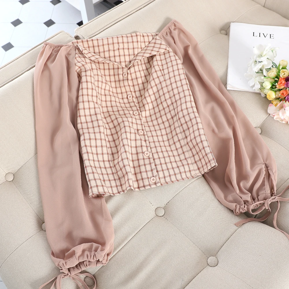 SINGRAIN женская шифоновая блузка в клетку Модные осенние базовые Клубные топы