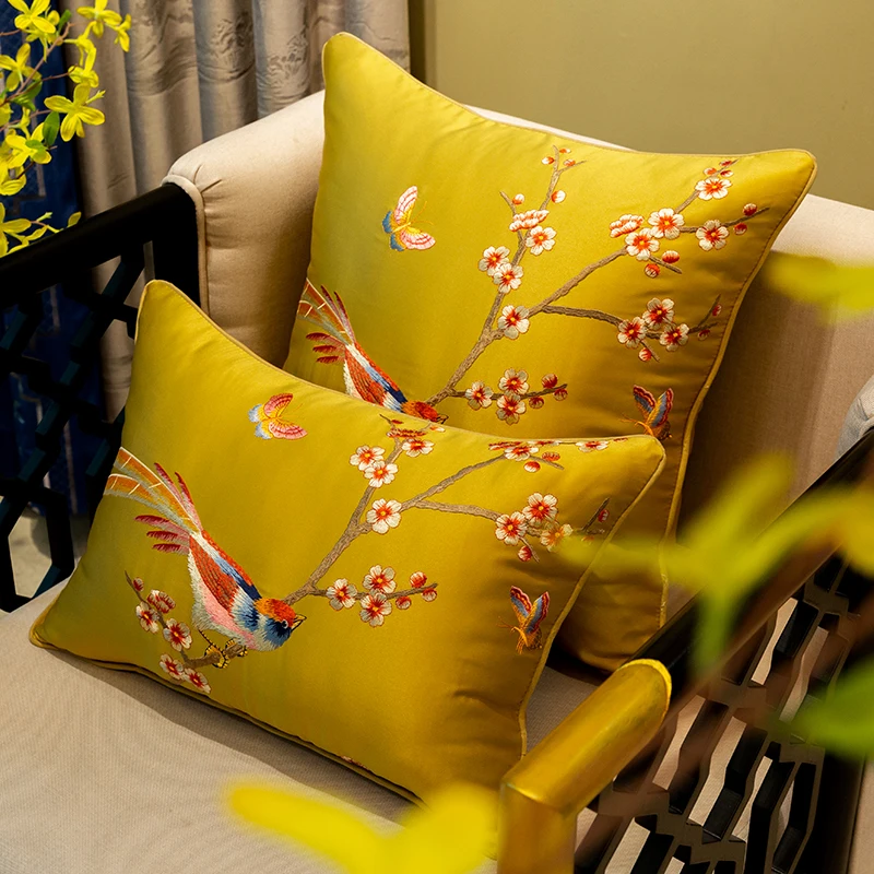 DUNXDECO Cushion Cover Decorative Pillow Case Modern Chinese Orioles Butterfly Flora Luxury Embroidery Coussin Sofa Decorating