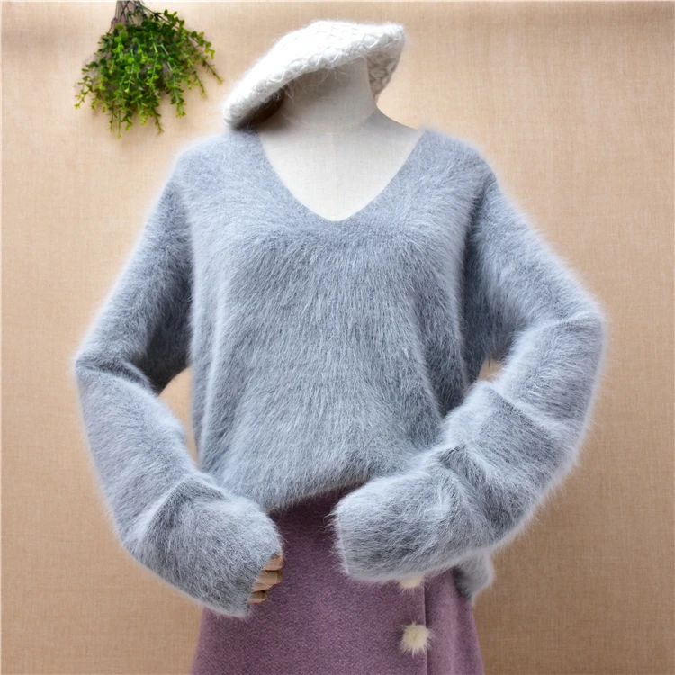 

Женская модная серая осенне-зимняя одежда, пушистый норковый кашемировый вязаный Свободный пуловер с V-образным вырезом, свитер из ангоры, т...