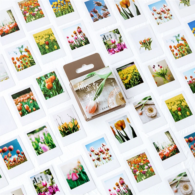 46pcs The Season of Tulip Stickers Set 44mm Mini Flower Sticker for Decoration Seal Album Frame Diary Student Kids Gift F384 46pcs aesthetic gardenia stickers 44mm mini jasmine flower plant sticker diy decoration adhesive album diary kids gift h6384