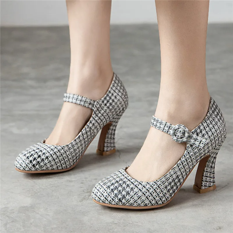 Spring Mary Jane Shoes High Heels Woman Pumps Block Heel Womens Brand Designer 2020 Dress Party Ladies Gingham Retro | Обувь