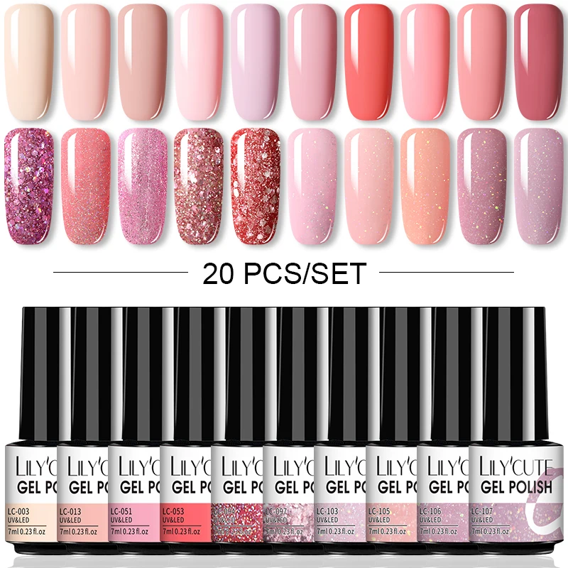 

LILYCUTE 20Pcs/Set Gel Nail Polish Popular Color Pink Rose Gold Semi Permanent Manicure Soak Off UV Nail Art Gel Polish Kit