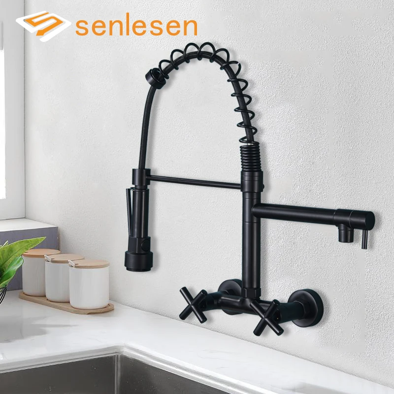 Кухонный Смеситель Senlesen пружинный матовый черный кран с двойным носиком