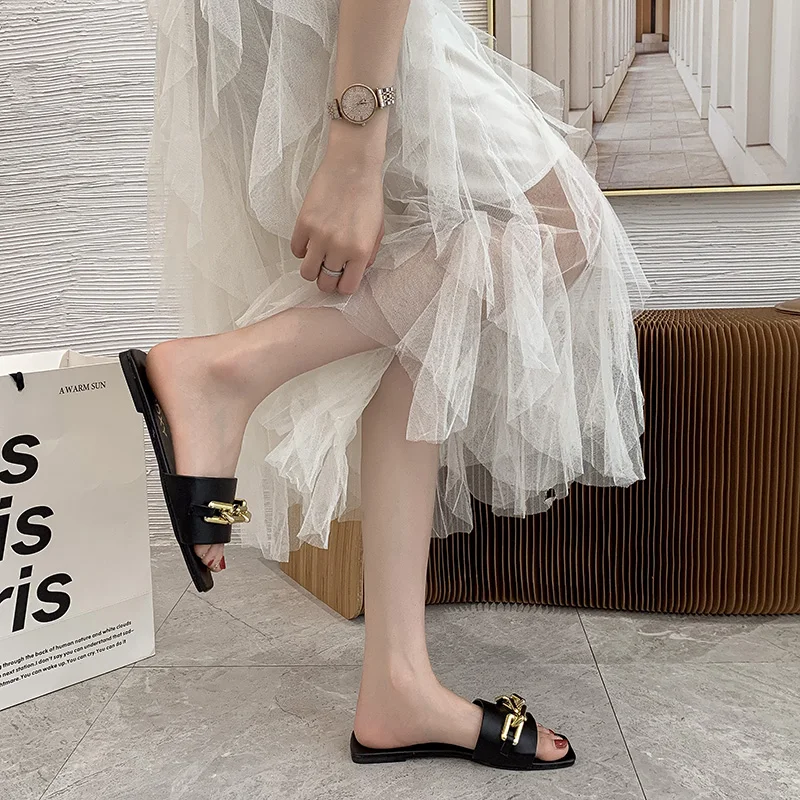 

Cute 2021 Women Summer Slipper Square Toe Chain Slippers Slip on Flat Slide Sandals Beach Flip Flops Casual Shoe Ladies Big Size