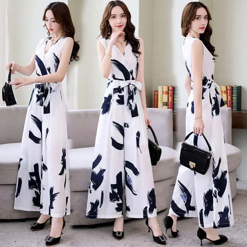 

New Women Vintage V Neck Print Chic Jumpsuits Female Siamese Sleeveless Bow Tied Sashes Wide Leg Conjoined Pants