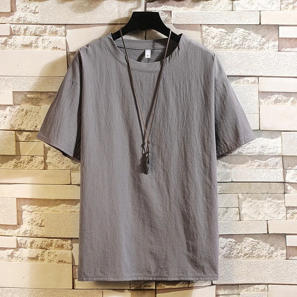 Мужская Повседневная Свободная футболка из чистого хлопка и льна с коротким
