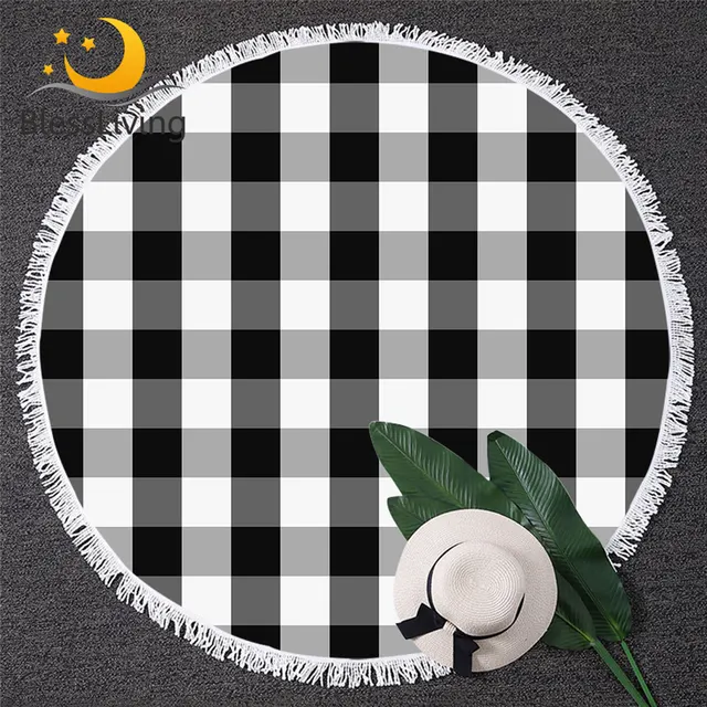 BlessLiving Tartan Beach Towel Scottish Pattern Round Bath Towel Toalla Chequered Summer Blanket Black White Beach Mat 150cm 1