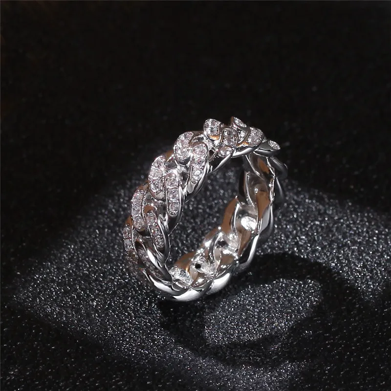

Trendy Hip Hop Rock Ring Men Luxury AAA+ Zircon Gold Rhinestone Cuban Chain Iced Out Women Exquisite Gift Jewelry