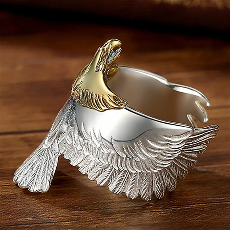 

New Eagle Feather Ring Opening Gold Color Separation Eagle Head Ornament