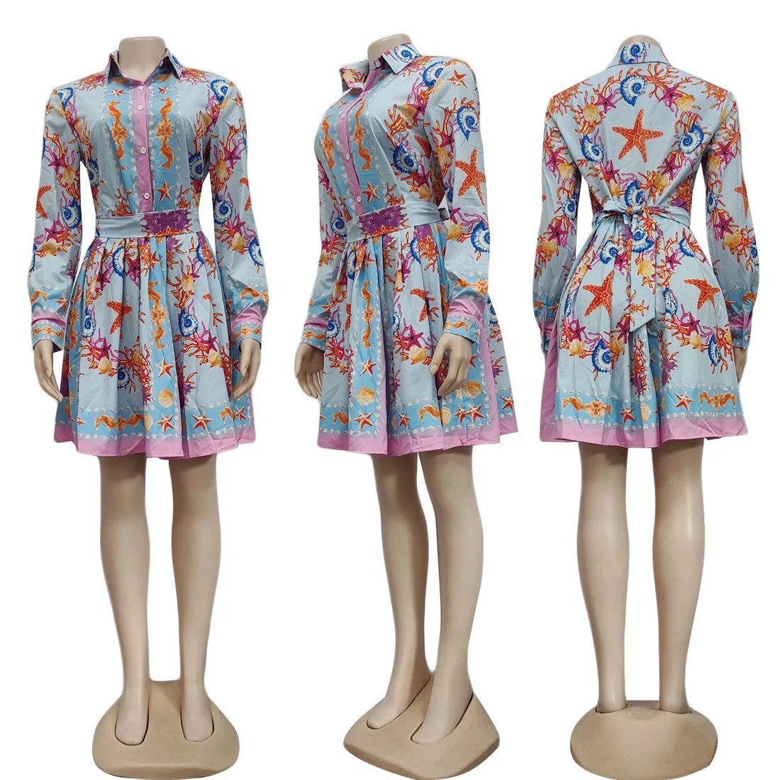 

2021 Fall Shirt Dress Women's Clothing Fashion Dashiki Lapel Long Sleeve Buttons And Belt Digital Print Street Trend Shirt Dress