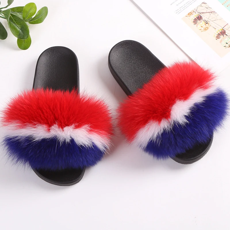 Mixed Color d Модные женские шлепанцы с пушистым лисьим мехом; сандалии с мехом енота; Вьетнамки с мехом; домашние тапочки на плоской подошве; Женская потрясающая пушистая обувь - Цвет: Mixed Color d