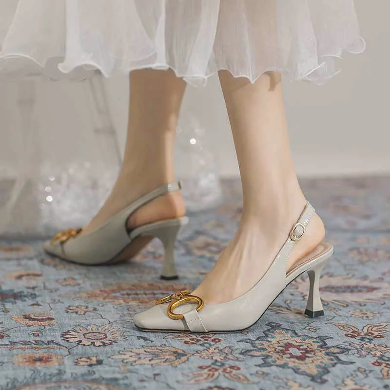 

2021 Fashion Women Leather Square Toe Strange Style High Heel Formal Slip on Metal Buckle Chains Decoration Pumps High Heels