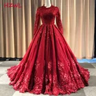 Свадебное платье с кружевной аппликацией, красное мусульманское платье трапециевидной формы с длинными рукавами, украшенное драгоценными камнями, на молнии, с пуговицами сзади, 2021