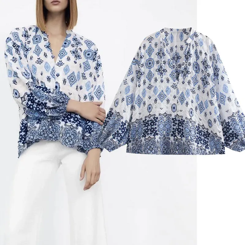 

Женская Свободная блузка с принтом Nlzgmsj Za 2021, женские элегантные однобортные рубашки с V-образным вырезом, женские весенние повседневные топ...