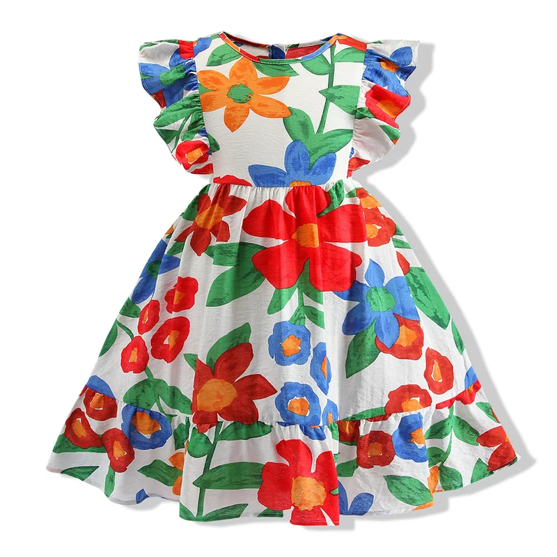 

Girl’s Summer Casual Fly Sleeve Dress Fresh Flower Ruffles Round Neck A-line Princess Dress