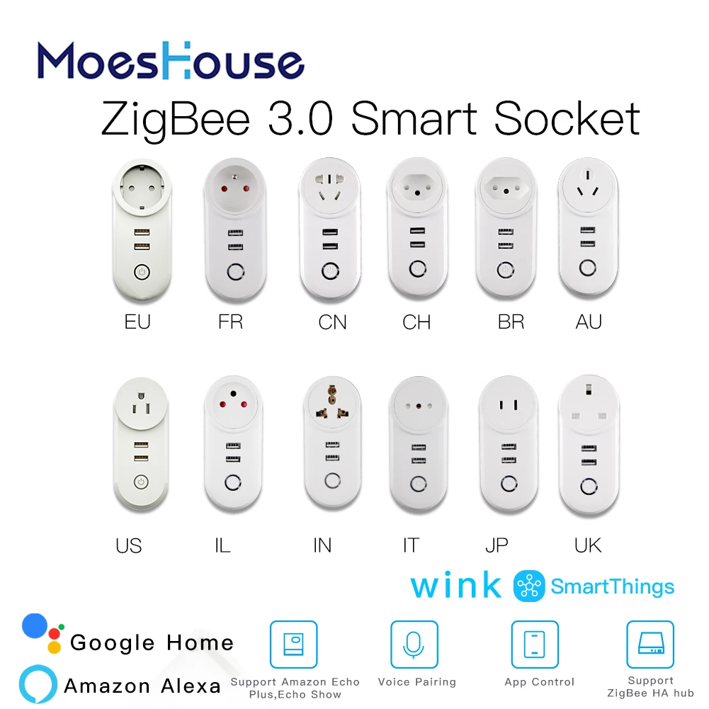 Умная розетка ZigBee 3 0 с 2 USB-интерфейсами и дистанционным голосовым управлением |