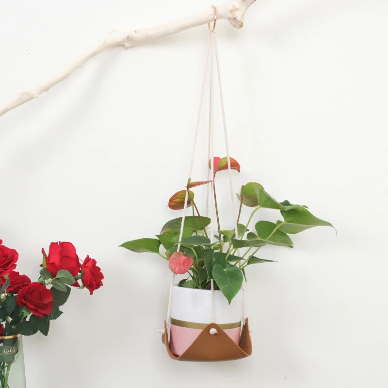 

Leather Base and Adjustable Cotton Rope Modern Succulent Flower Hanging Pots, Suitable for Indoor Home Wall Decoration