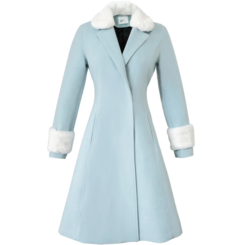 light blue Осень зима модное шерстяное пальто с меховым воротником женское тонкое длинное шерстяное пальто - Цвет: light blue