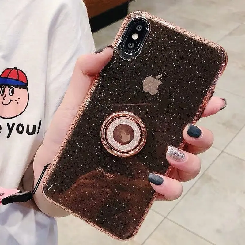Glitter Powder Holder Phone Case For iPhone X XR XS Max 6 6S 7 8 Plus Transparent Soft TPU Wrist Strap Shockproof Back Cover | Мобильные