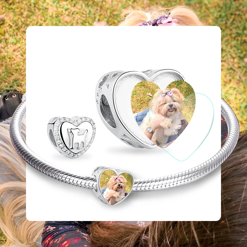 Customized Photo Heart Charms Fit Bracelet Silver 925 Original Sterling Dog Paw Print Charm Beads Jewelry Making |