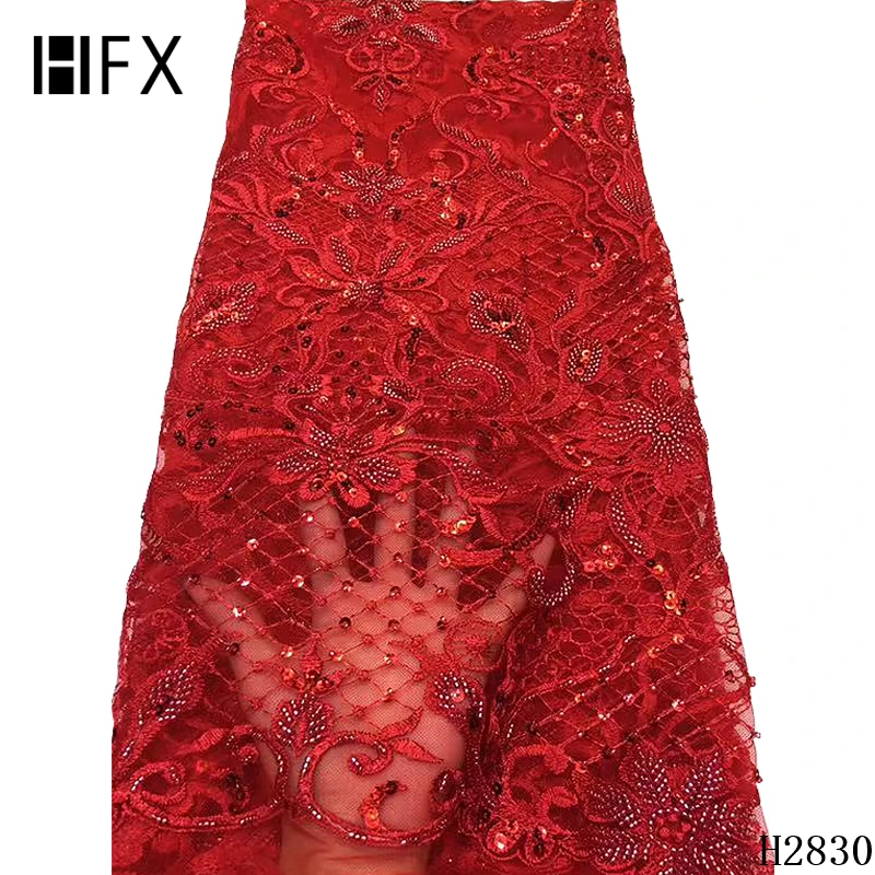 HFX бордовый цвет бисерная кружевная ткань Африканская Роскошная вышитая