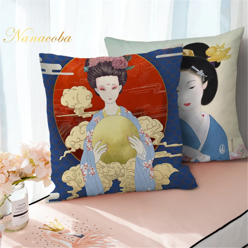 

Floral Asian Girl Woman Japanese Geisha Art Sofa Pillow Case Japan Painting Beauty Goddess Home Decor Fall Soft Cushion Cover